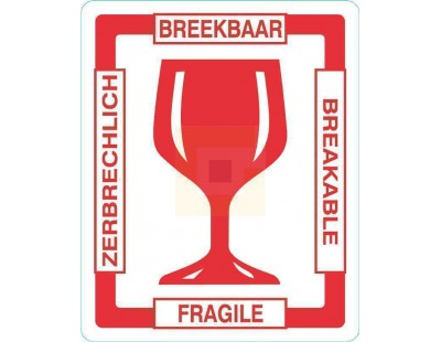 Etiket BREEKBAAR glas in 4 talen, Rol met 500 stuks Etiketten en signalering